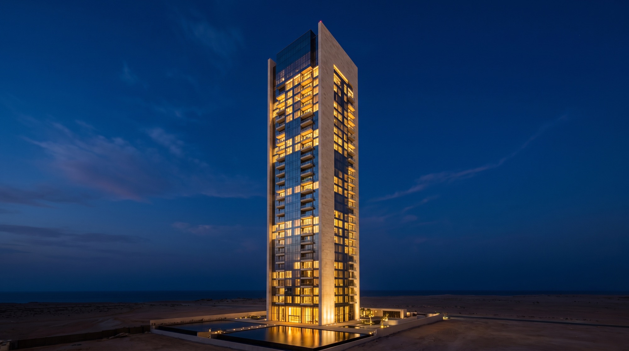 Modern architectural tower at dusk